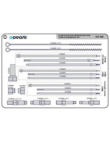 Glow plug tip extraction master kit M8x1, M9x1, M10x1, M10x1.25 (GO452, GOVONI)