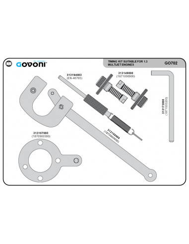 Timing tool set for Fiat, Alfa Romeo, Lancia, Opel, Suzuki and Subaru 1.3 diesel engines (GO702, GOVONI)