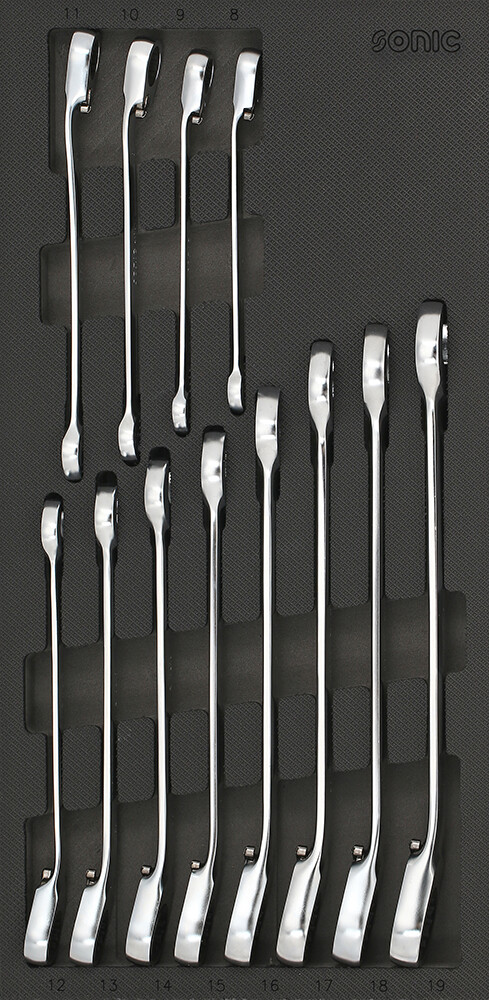 Reversible ratcheting wrench set 8–19 mm, SFS-S tray, 12 pcs (601229, SONIC)
