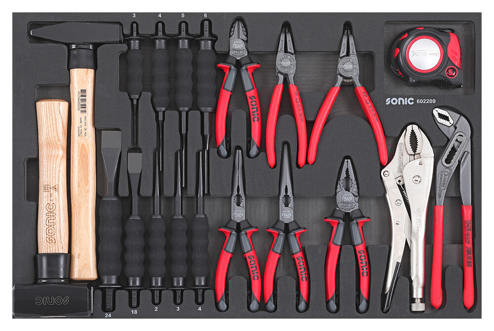 Įrankių komplektas vežimėliams, Plaktukai, Išmušėjai ir Replės, 22 vnt., Sonic Equipment (602209, SONIC)