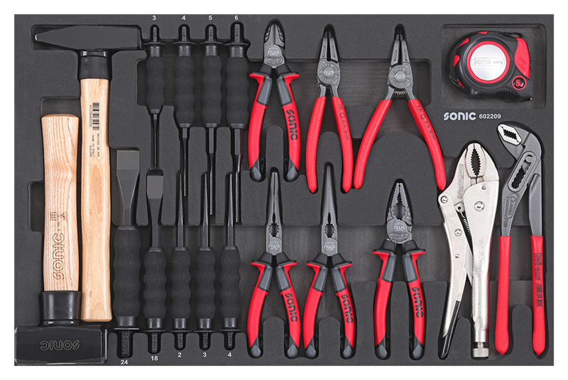 Įrankių komplektas vežimėliams, Plaktukai, Išmušėjai ir Replės, 22 vnt., Sonic Equipment, 602209