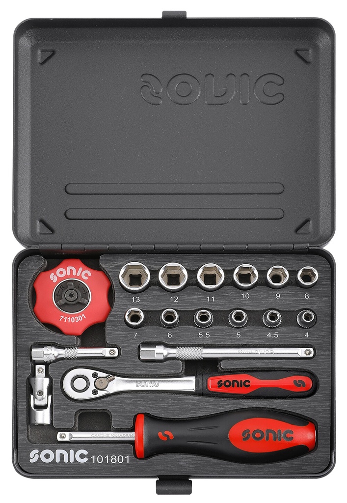Socket set 1/4 inch, in metal case, 18-piece (101801, SONIC)