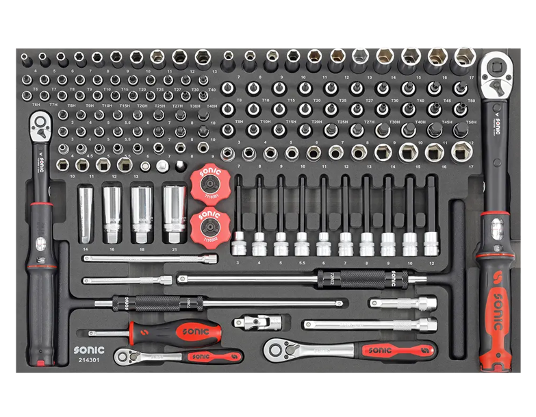 Įrankių komplektas į vežimėlius, 1/4'', & 3/8'', 143 pcs., 214301, SONIC EQUIPMENT [214301] 