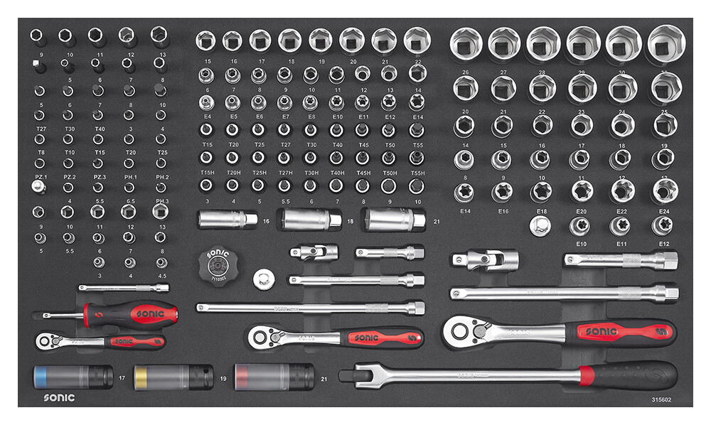 Kombinuotas galvučių rinkinys 1/4", 3/8" ir 1/2" SFS-L, 156 vnt. (315602, SONIC)