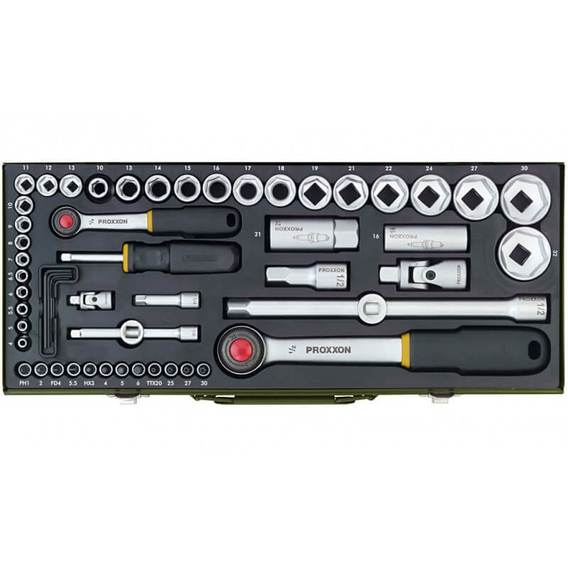 Galvučių rinkinys 1/4"+1/2" su terkšlėmis 56 dalių PROXXON