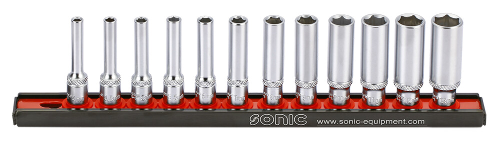 Flank socket set 1/4" 6-point deep on rail 12-pcs. (101204, SONIC)