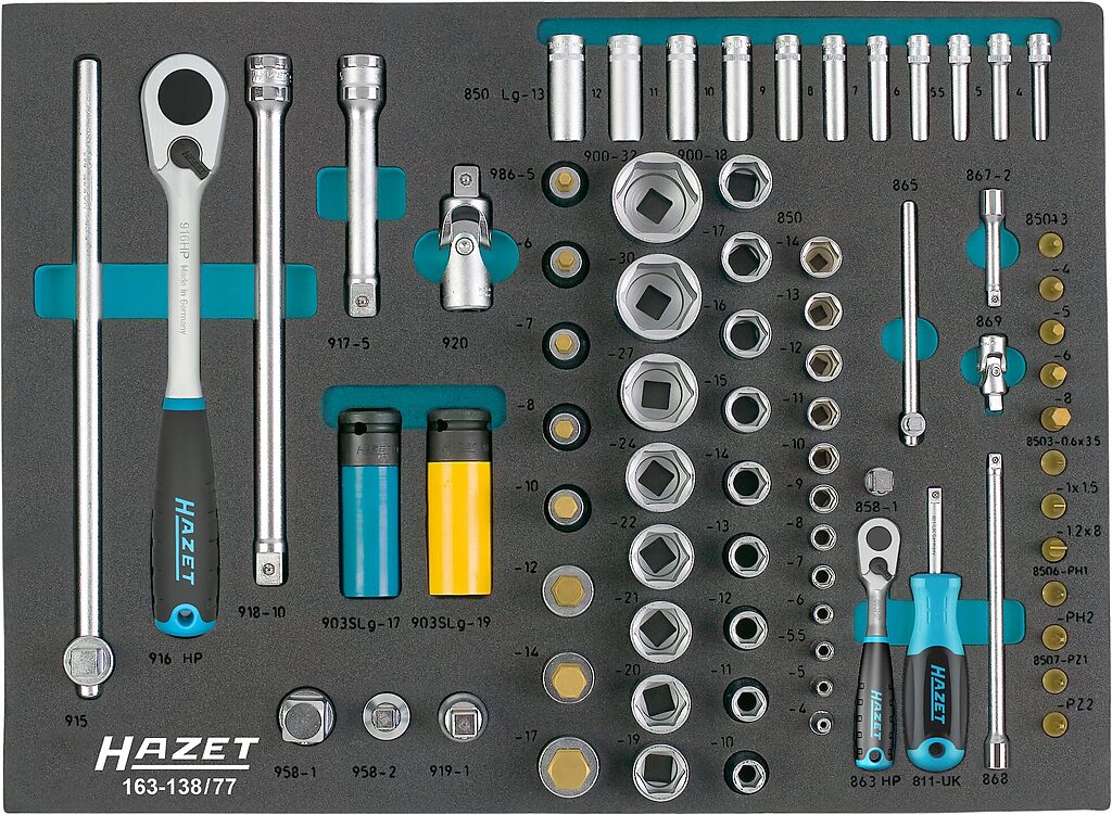 Socket set - 1/2 inch (12.5 mm) square, hollow, 1/4 inch (6.3 mm) square, hollow (163-138/77, HAZET)