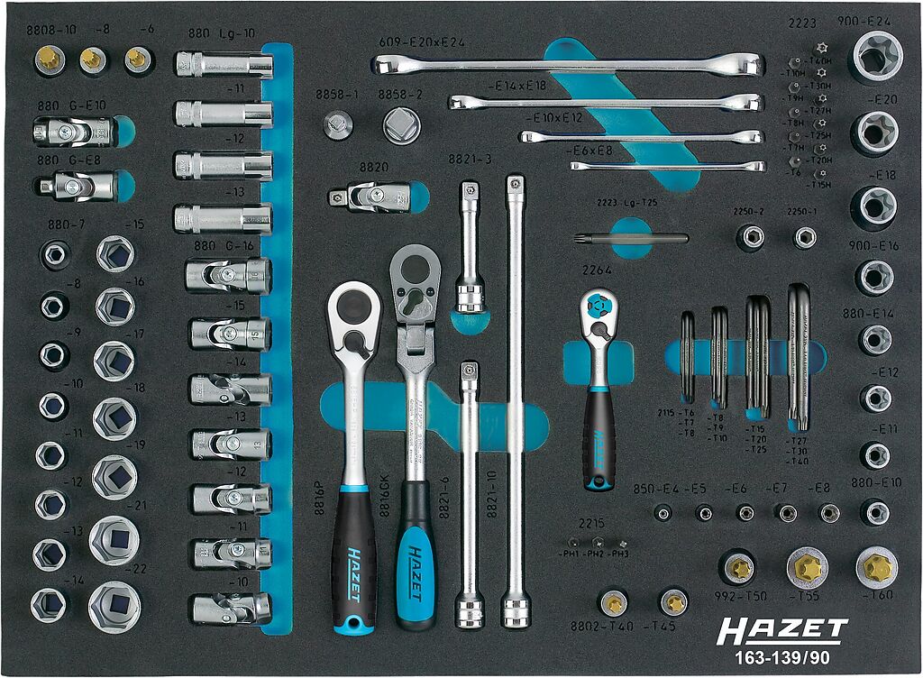 Socket set - 1/2 inch (12.5 mm) square, hollow, 3/8 inch (10 mm) square, hollow, 1/4 inch (6.3 mm) square, hollow, 1/4 inch (6.3 mm) hexagon, solid (163-139/90, HAZET)