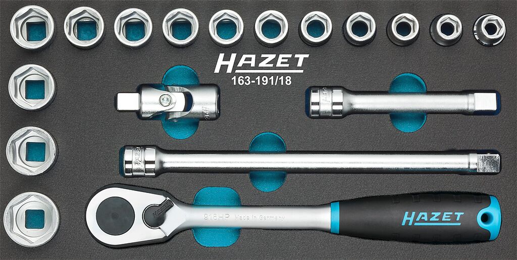 Socket set - 1/2 inch (12.5 mm) square, hollow (163-191/18, HAZET)