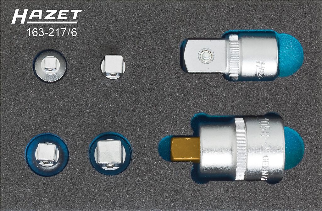 Adapter set - 1/4 inch (6.3 mm) square, hollow, 3/8 inch (10 mm) square, hollow, 1/2 inch (12.5 mm) square, hollow, 3/4 inch (20 mm) square, hollow (163-217/6, HAZET)