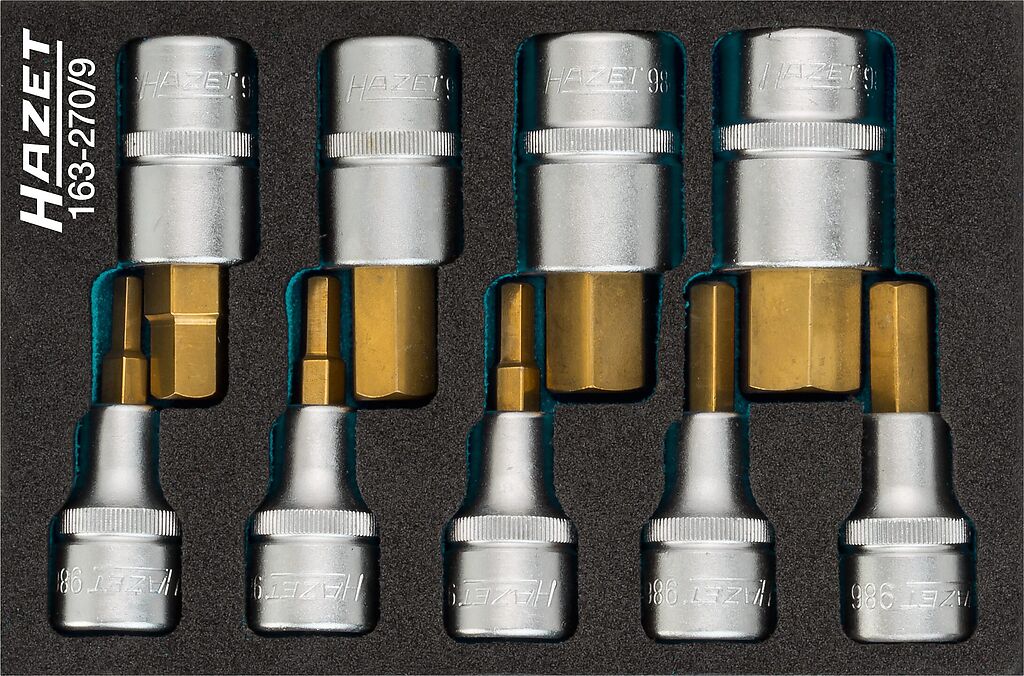 Screwdriver socket set - 1/2 inch (12.5 mm) square, hollow (163-270/9, HAZET)