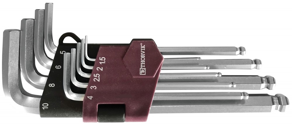 Ilgų šešiabriaunių (HEX) raktų su rutuliniu galu rinkinys 9 vnt. 1,5–10 mm (HKB9S, THORVIK)