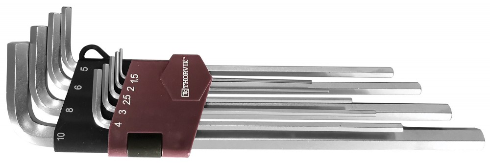9 PCS EXTRA LONG ARM HEX KEY SET 1.5, 2, 2.5, 3, 4, 5, 6, 8, 10 MM (HKL9S, THORVIK)