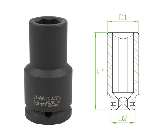 3/4"DR 6PT FLANK DEEP IMPACT SOCKET, SIZE: 20MM (S03AD6120, JONNESWAY)