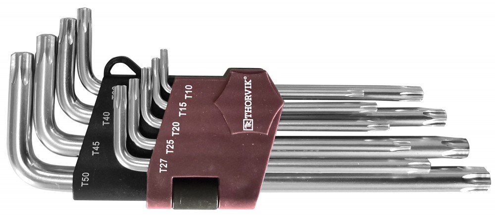Ilgų T-TORX (su skylute) raktų rinkinys 9 vnt. T10–T50 (TTK9S, THORVIK)