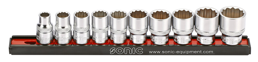 Galvučių 3/8 12-kampių komplektas su laikikliu (10vnt) Sonic Equipment BV (201009, SONIC)