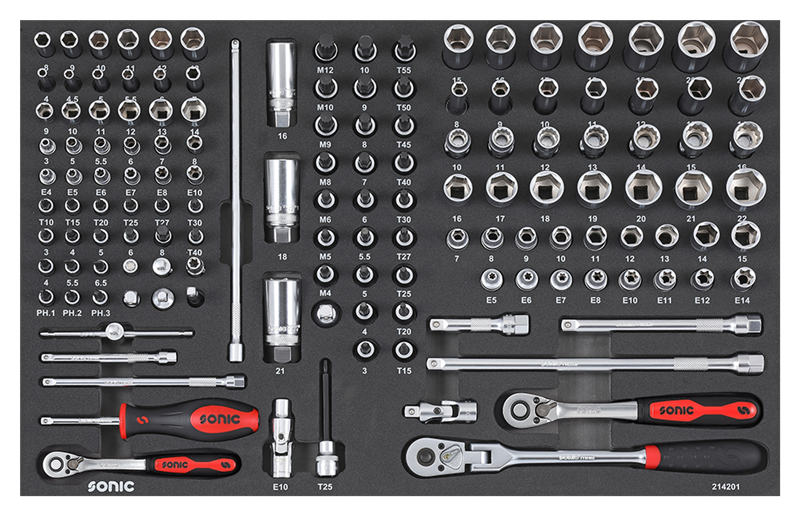Įrankių komplektas 1/4 ir 3/8 į vežimėlius (142vnt) 214201 Sonic 