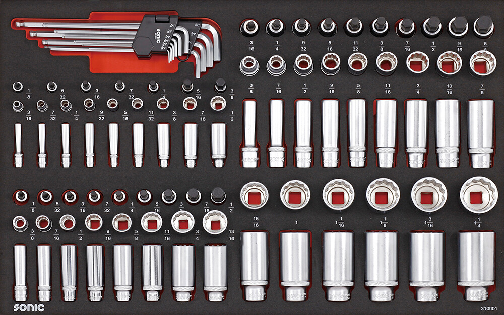 Įrankių komplektas į vežimėlius - colinės galvutės 1/4", 3/8" ir 1/2" (100vnt) Sonic Equipment BV (310001, SONIC)