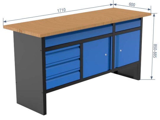 Workbench with 5 drawers and 2 doors, 1710×600×885 mm (05.088.161, MARCO TOOLS)