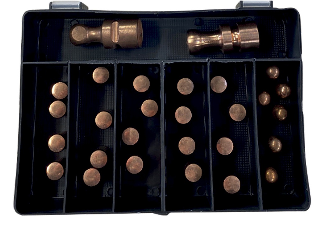 Spot welding tips box: 20× A-type, 6× F-type, 2 round electrodes (C6, G2) (073449, GYS)