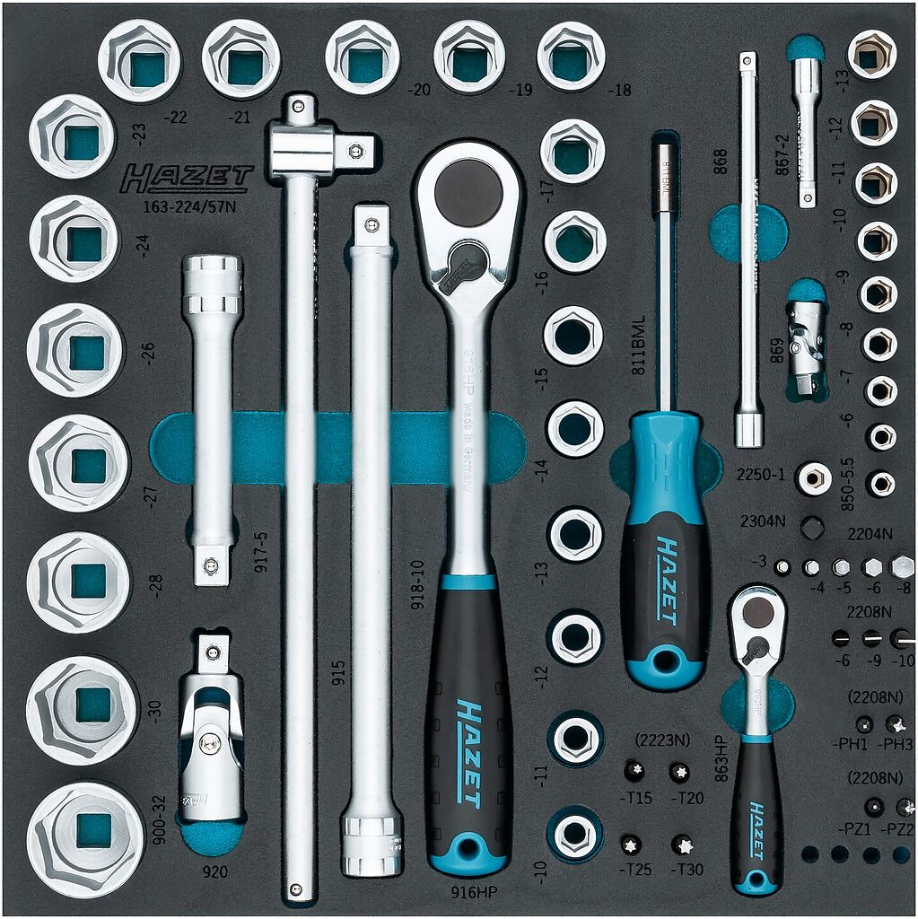 Socket and screwdriver set, 57 pieces, 1/2 in. and 1/4 in. (163-224/57N, HAZET)