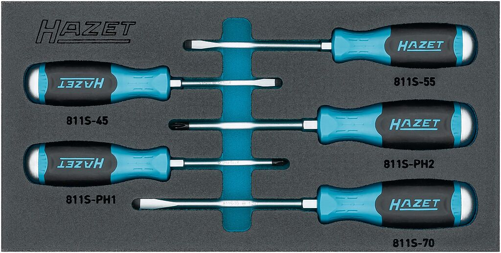 Screwdriver set with impact cap, 0.8 x 4.5 – 1.2 x 7 mm, PH1 – PH2, 5 pieces (163-264/5N, HAZET)