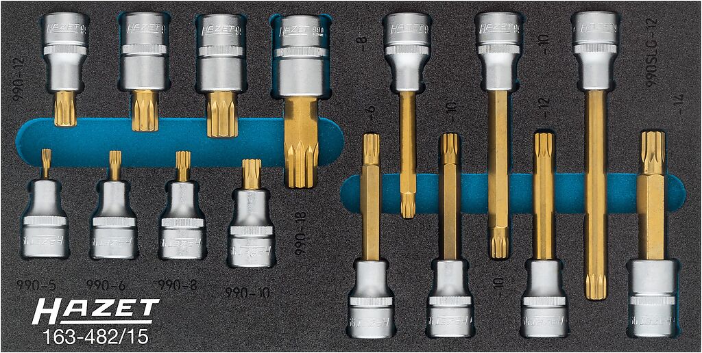Internal spline (XZN) screwdriver socket set, 1/2 inch, M5–M12, 15 pieces (163-482/15, HAZET)