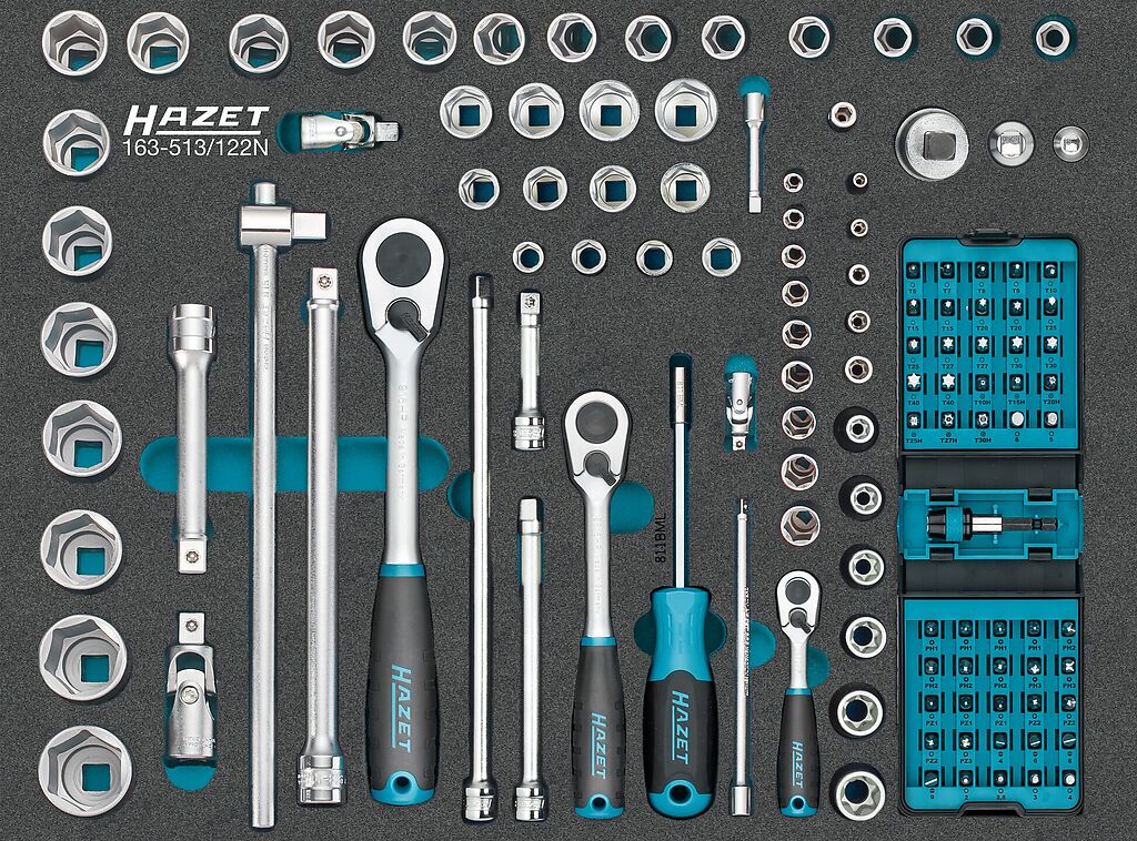 Socket and tool set in insert, 122 pieces, 519 x 392 x 50 mm (163-513/122N, HAZET)