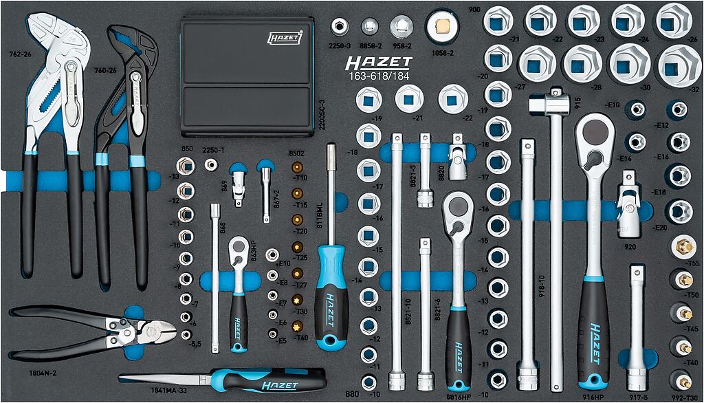 Socket and tool set in insert, 184 pieces, 691 x 392 mm (163-618/184, HAZET)