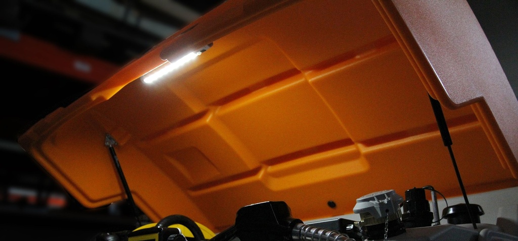 Hinged lid, orange with supporting gas struts and mounting accessories, CEMO (11095)