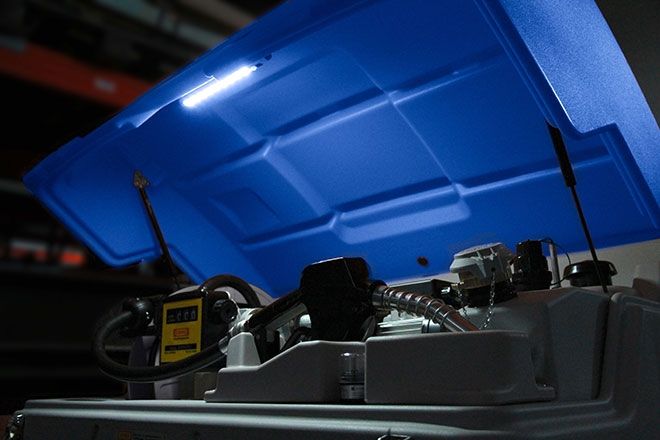 Hinged lid blue with gas struts and mounting fittings, CEMO (11142)