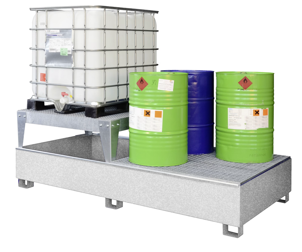 IBC bund made of steel, GS2 AB1, with 1 filling stand, galvanised, StawaR approval, CEMO (10854)