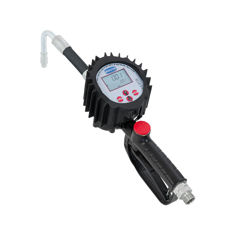 Electronic oval-gear flow meter for oil, "4TT - MARS" series, with flexible rubber outlet and bent rigid 80° nozzle, Flexbimec (2812, FLEXBIMEC)
