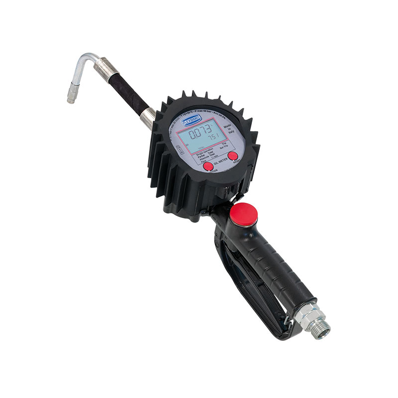 Electronic oval-gear flow meter for antifreeze, "2TT - NEPTUNE" series, with flexible rubber outlet and bent rigid 80° nozzle, Flexbimec (2964/AG, FLEXBIMEC)
