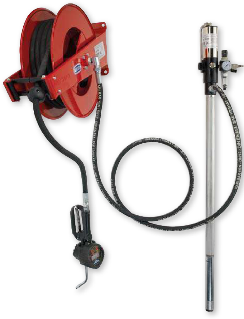 Oil distribution fixed unit with pump, hose reel art. no. 9021, hose 20 m length, digital oil meter gun, pressure regulator. For 208 l drums, FLEXBIMEC (2992/20)