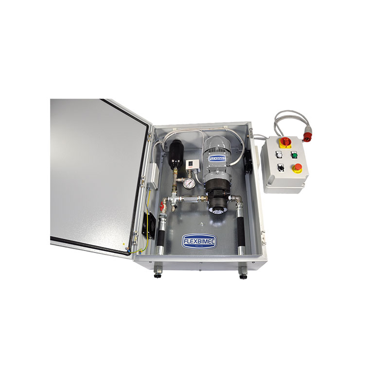 Oil transfer kit equipped with pump art. no. 6149 assembled inside a metallic cover and equipped with security electric panel art. no. 7370 3050, FLEXBIMEC