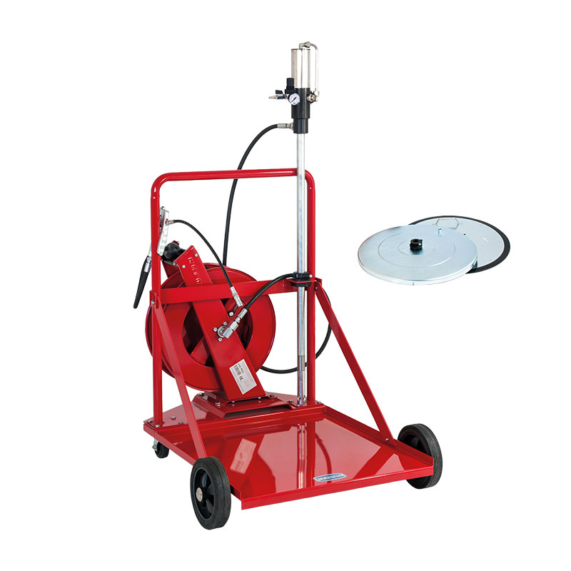 Greasing kit for 180 kg drums, composed by: pneumatic pump, hose-reel with L. 15 m hose, gun, follower plate and drum cover, 4 wheels trolley, FLEXBIMEC (4910)