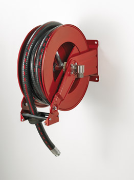 Spring-driven painted steel hose reel with multi-position guide and hose Ø 3/4 in., 10 m, for diesel, FLEXBIMEC (9095+28810)