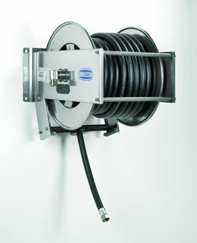 Spring driven stainless steel hose reel with diesel hose, length 18 m, Ø 3/4 in., heavy duty series, FLEXBIMEC (9525+28818)