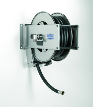 Spring driven stainless steel hose reel with diesel hose, length 12 m, Ø 3/4 in., heavy duty series, FLEXBIMEC (9529+28812)