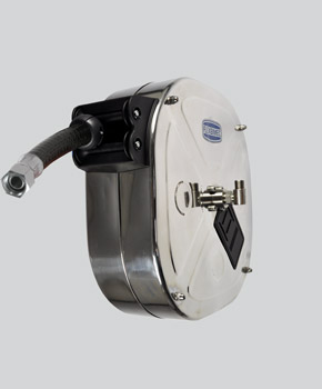 Spring driven stainless steel hose reel with diesel hose, length 8 m, Ø 3/4 in., enclosed series, FLEXBIMEC (9546+28808)