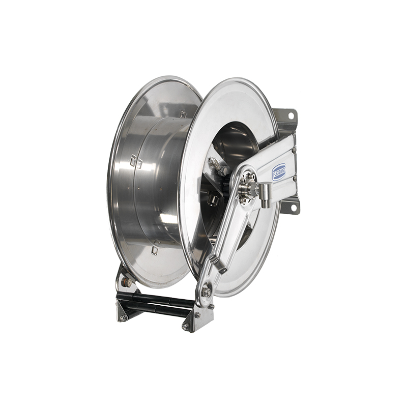 Spring driven stainless steel hose reel with multi-position guide without hose, max. length 15 m, Ø 1/2 in., adjustable arms series, ATEX 2014/34/EU II category 2, FLEXBIMEC (9591/EX)