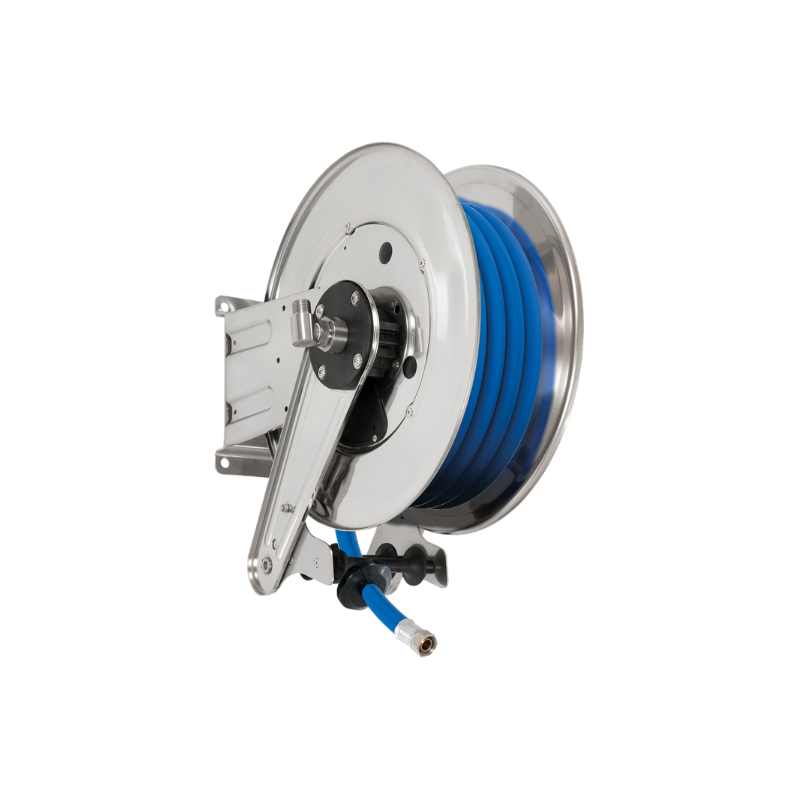 Automatinė spyruoklinė nerūdijančiojo plieno (AISI 304) žarnos ritė ANDROMEDA iki 10 m Ø1″ žarnai – diskas 434 mm, ritė 195 mm, būgnas 250 mm, be žarnos kreiptuvo (be žarnos) (ASGX4219151, FLEXBIMEC)