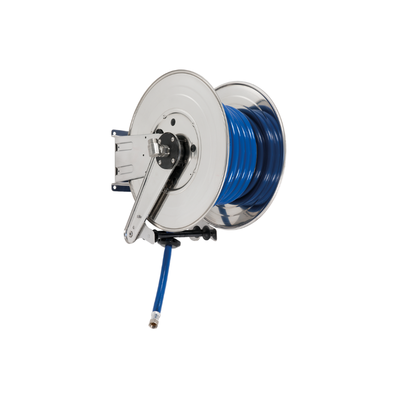 Nerūdijančiojo plieno (AISI 304) automatinė spyruoklinė žarnos ritė ANDROMEDA serijos, skirta maks. 25 m Ø3/4″ žarnai – diskas 540 mm – būgno plotis 195 mm – būgnas 250 mm – be žarnos kreiptuvo (be žarnos), FLEXBIMEC (ASGX521925H501)