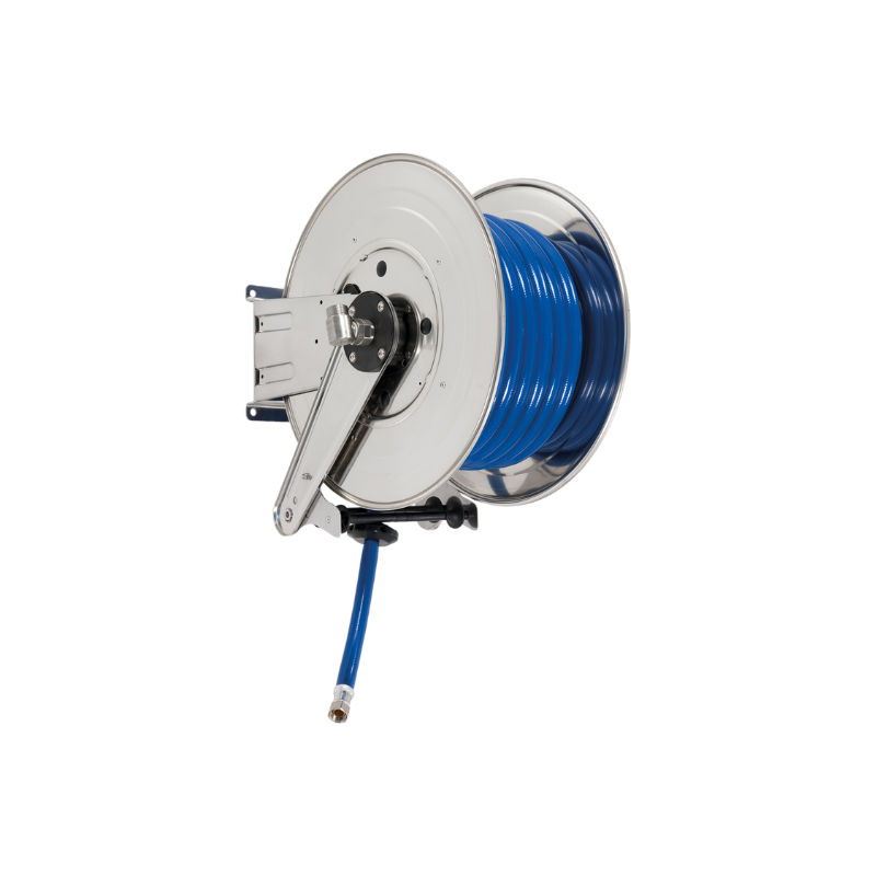 Automatinė spyruoklinė nerūdijančiojo plieno (AISI 304) žarnos ritė ANDROMEDA iki 25 m Ø1″ žarnai – diskas 540 mm, ritė 260 mm, būgnas 335 mm, be žarnos kreiptuvo (be žarnos) (ASGX5326351, FLEXBIMEC)