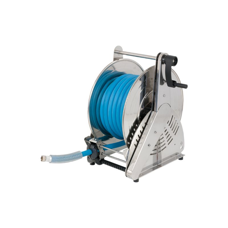Nerūdijančiojo plieno (AISI 304) rankinė žarnos ritė ORION HEAVY DUTY (sustiprinta) serija, skirta maks. 18 m Ø1″ žarnai - diskas 540 mm - būgno plotis 195 mm - būgnas 250 mm - be žarnos kreipiamosios (be žarnos), FLEXBIMEC (OPSGX52191)