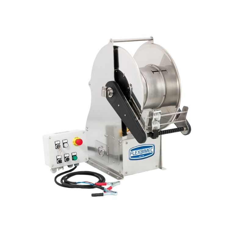 Stainless steel (AISI 304) motor-driven hose reel GEMINI series w/o power unit for max 15 mt Ø1 1/2" hoses - disc 600 mm - spool 260 mm - drum 335 mm - with hose guide (w/o hose), FLEXBIMEC (GXSGA63263)