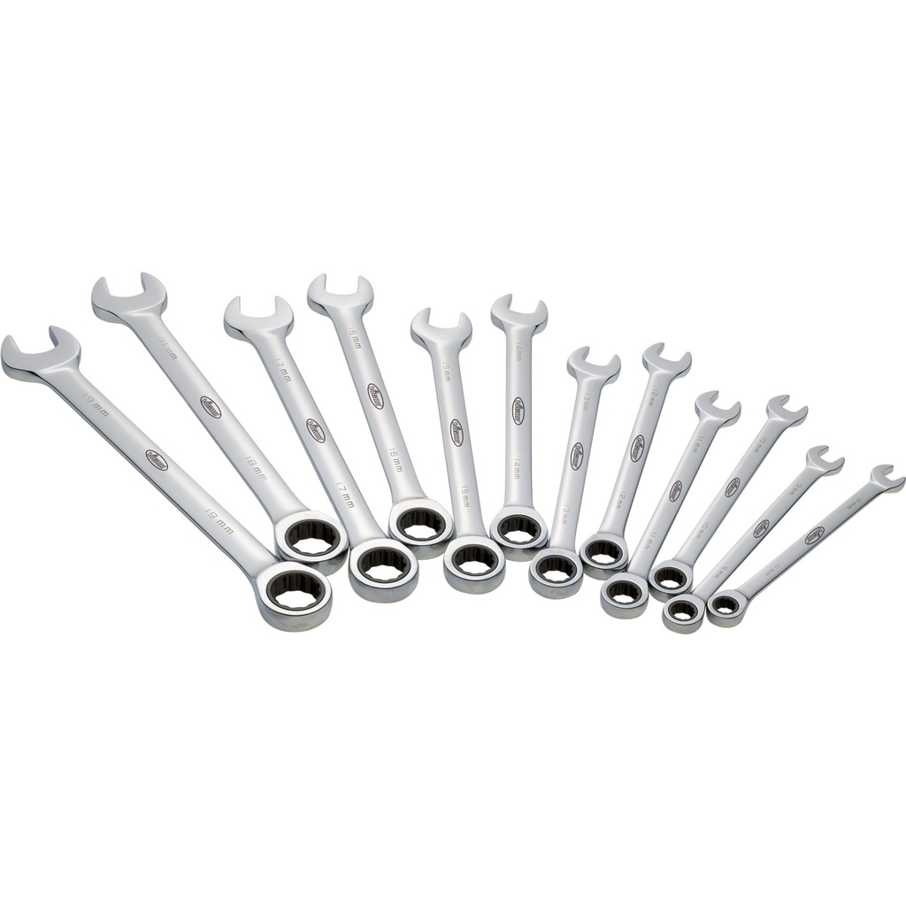 Ratcheting combination wrench set, long, 12 pcs, 8–19 mm (V1031, VIGOR)