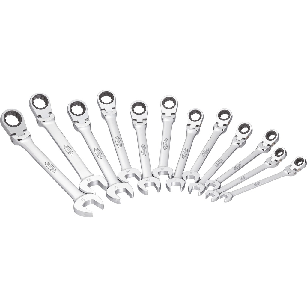 Ratcheting combination wrench set with hinged head, 12 pcs, 8–19 mm (V2818, VIGOR)
