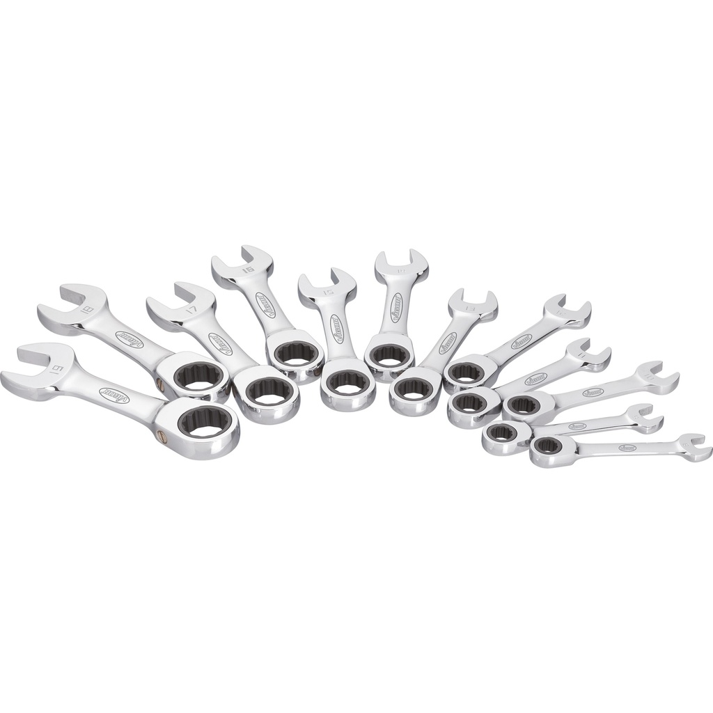 Ratcheting combination wrench set, short, sizes 8-19 mm, 12 pieces (V2821, VIGOR)